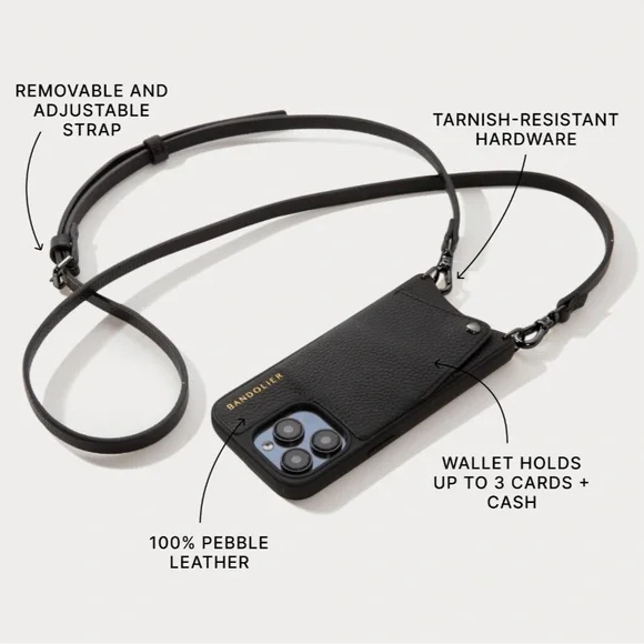 Bandolier Crossbody Phone Case Black Leather for iPhone 14 Pro - Picture 8 of 8